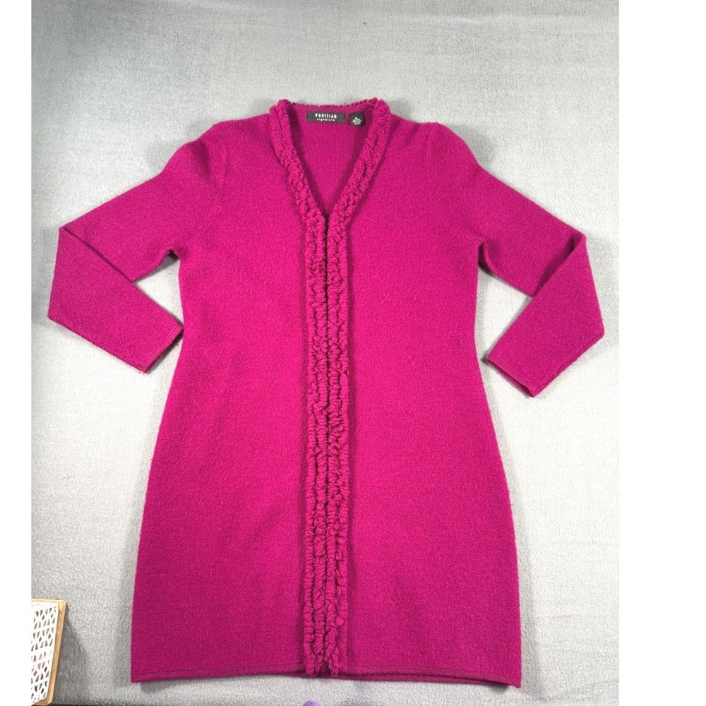 Parisian Signature 100 % Wool Cardigan Pink Open Front Long Sweater M Layering